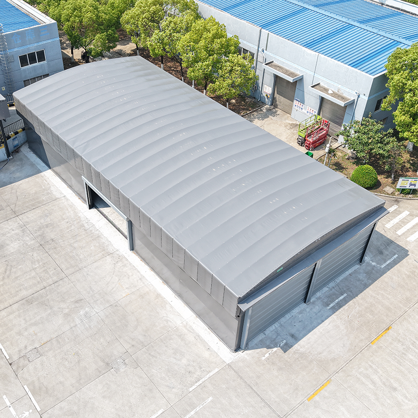 Heavy duty electric retractable canopy | Large steel column outdoor industrial warehouse storage canopy and warehouse sunshade
