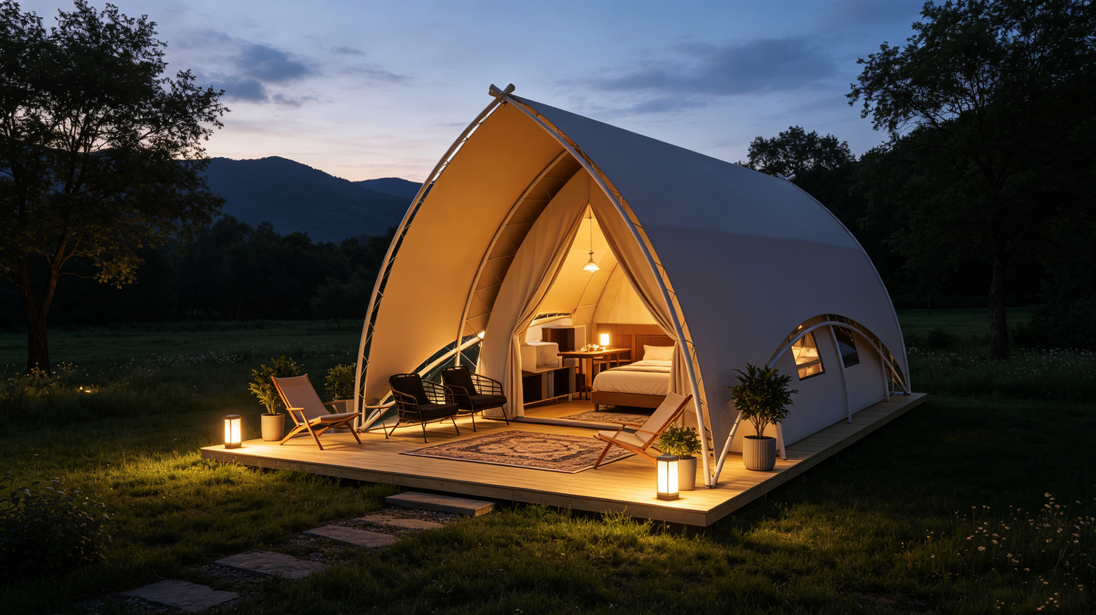 Luxury shell glamping tent with warm interior lighting comfortable bed and wooden deck at dusk
