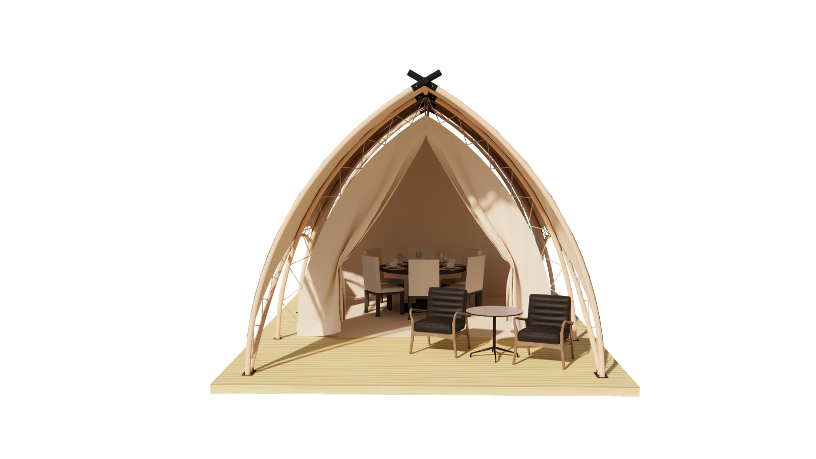3D render of luxury shell glamping tent with light steel frame structure and dining furniture